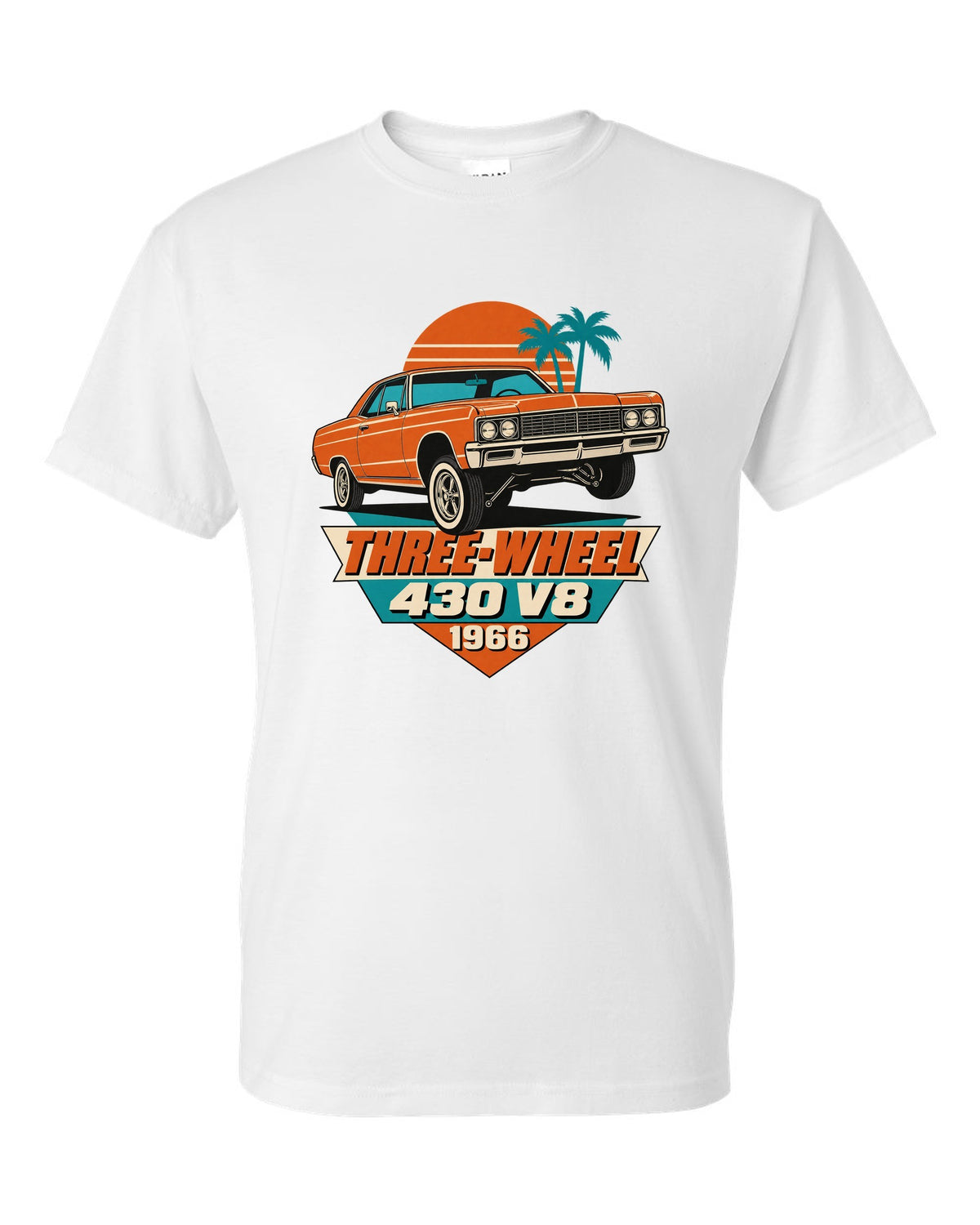 1966 Lincoln Continental lowrider on hydraulics in a 1960s litho poster style white t-shirt front view with the design