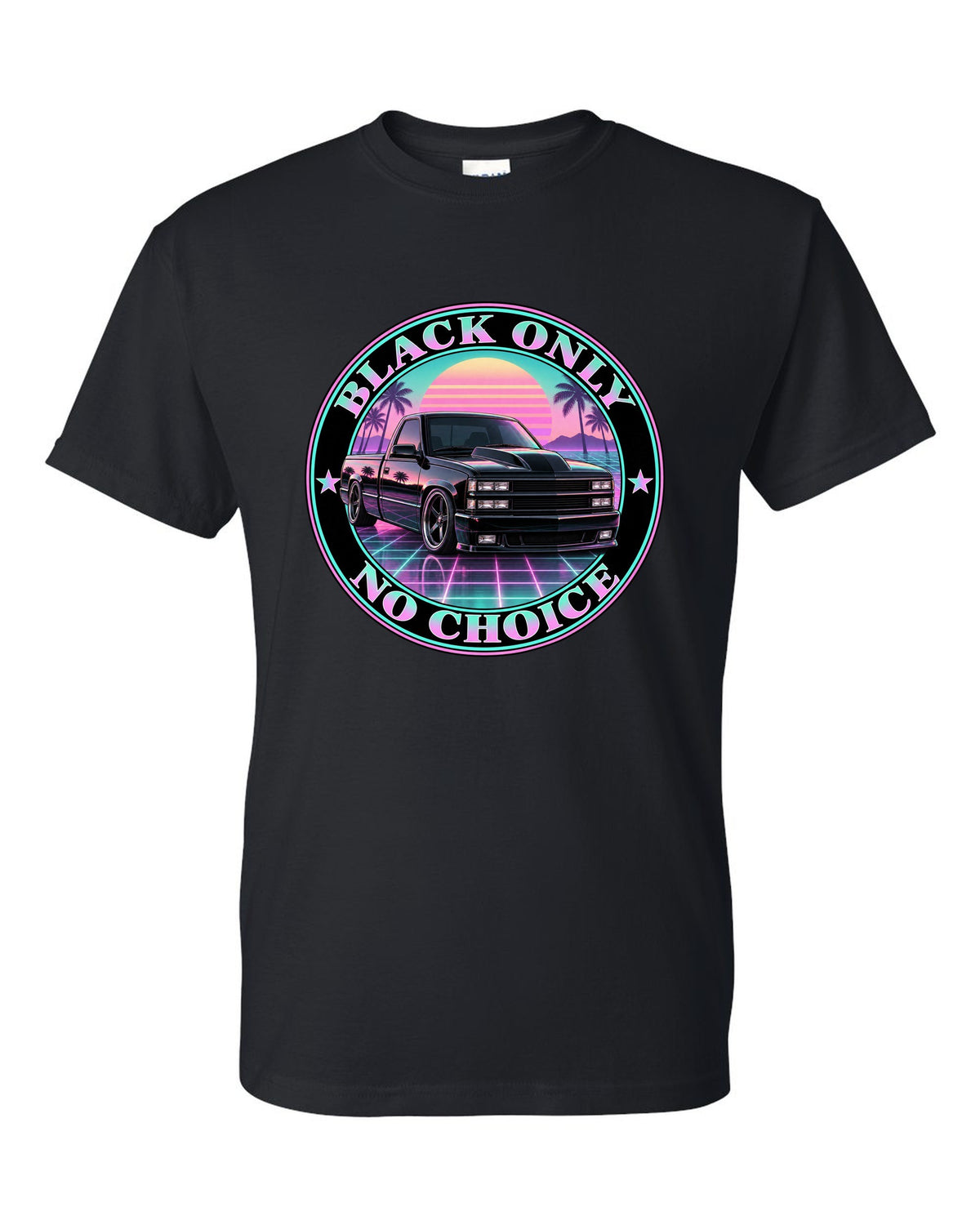 Pastel vaporwave print of a 1990-93 Chevrolet 454 SS pickup with black only no choice lettering black t-shirt front view with the design