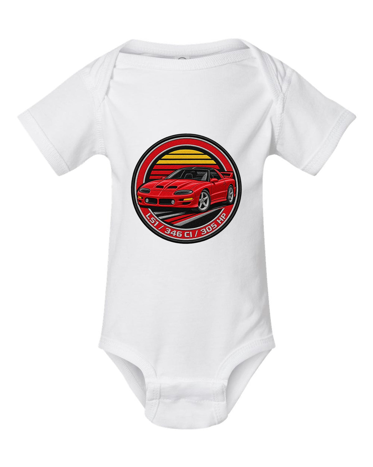 1998 Camaro SS fourth-generation in an embroidery round crest with text LS1 346 CI 305 HP white baby onesie front view with the design