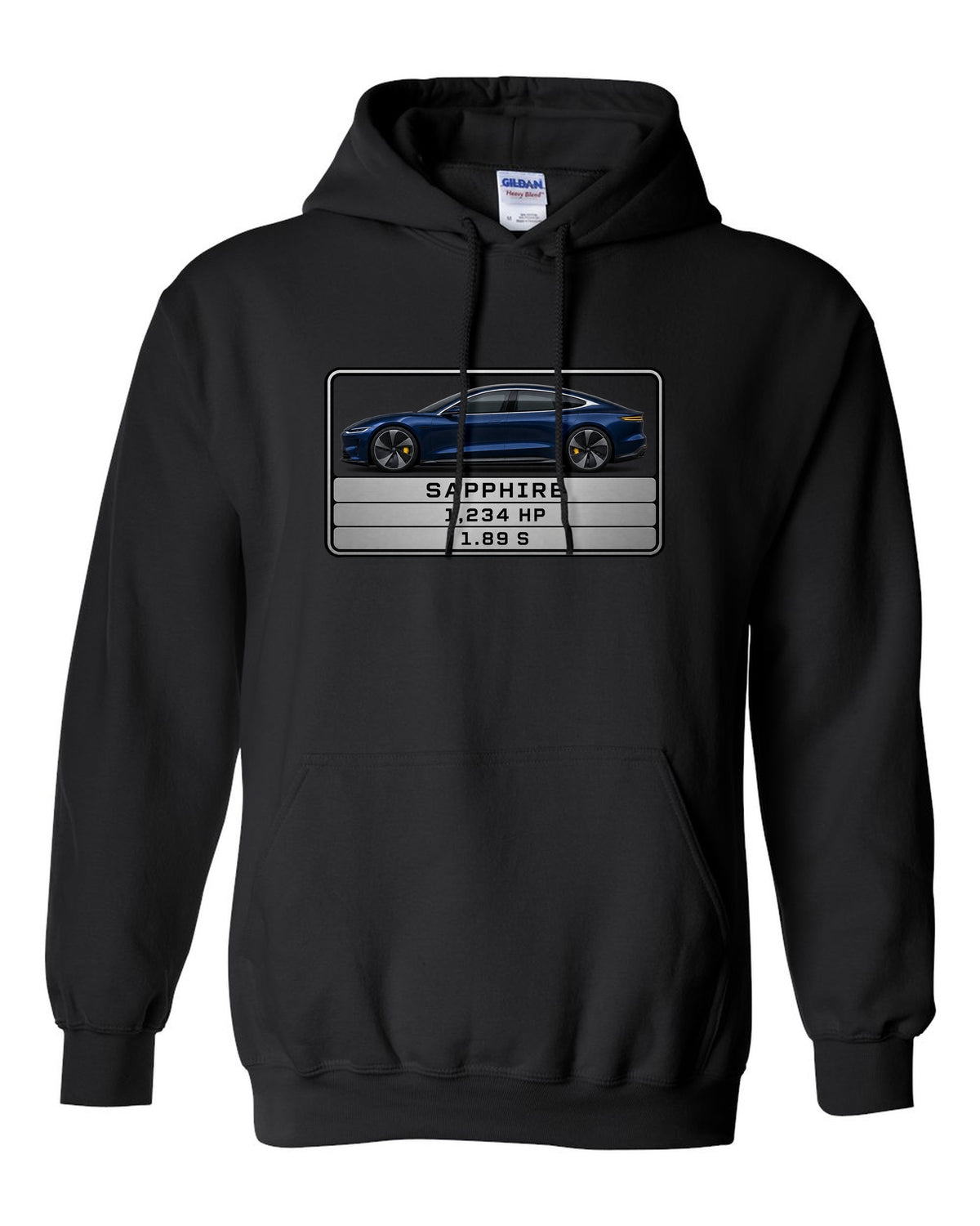 Lucid Air Sapphire monospaced spec data plate print with the text Sapphire 1,234 hp 1.89 s black pull over hoodie front view with the design