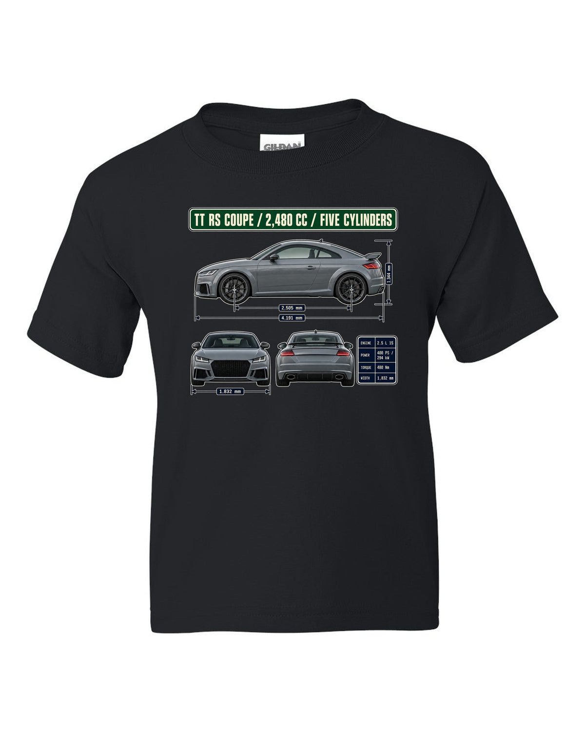 Audi TT RS 8S coupe dimension blueprint print with five-cylinder engine size black kids tee front view with the design