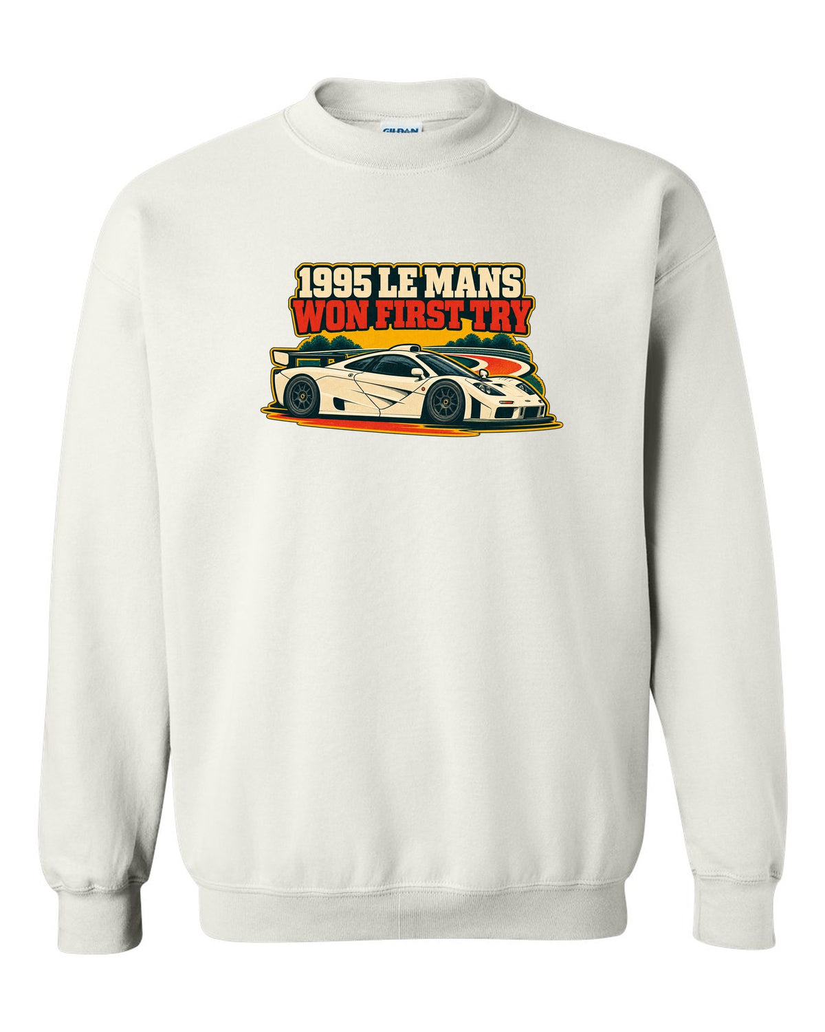 Vintage race poster print of the McLaren F1 GTR with 1995 Le Mans Won First Try lettering white crewneck front view with the design