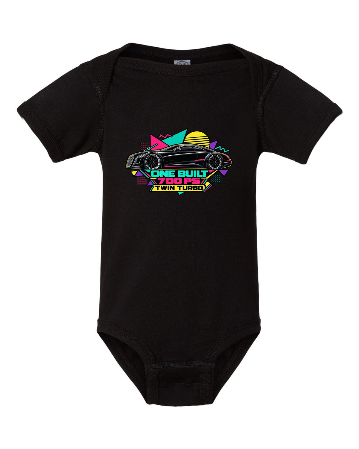 Retro Memphis style vector illustration of the one-off Maybach Exelero with One Built 700 PS Twin Turbo text black baby onesie front view with the design