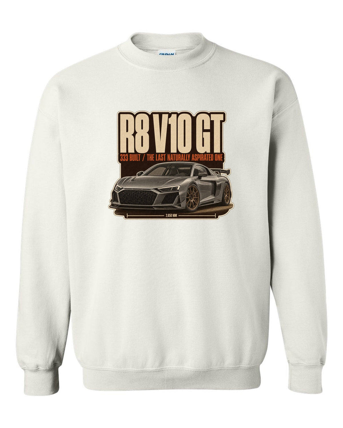 Audi R8 V10 GT RWD final edition editorial headline print design white crewneck front view with the design