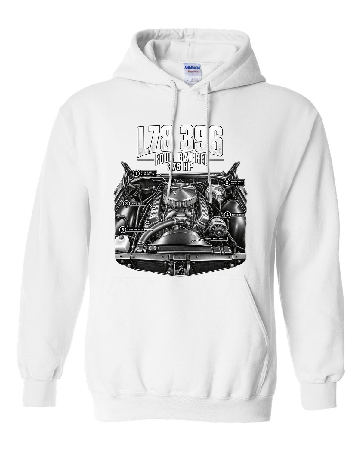 Engine hero print of an L78 396 big block in a 1969 Chevrolet Chevelle SS with 375 hp text white pull over hoodie front view with the design