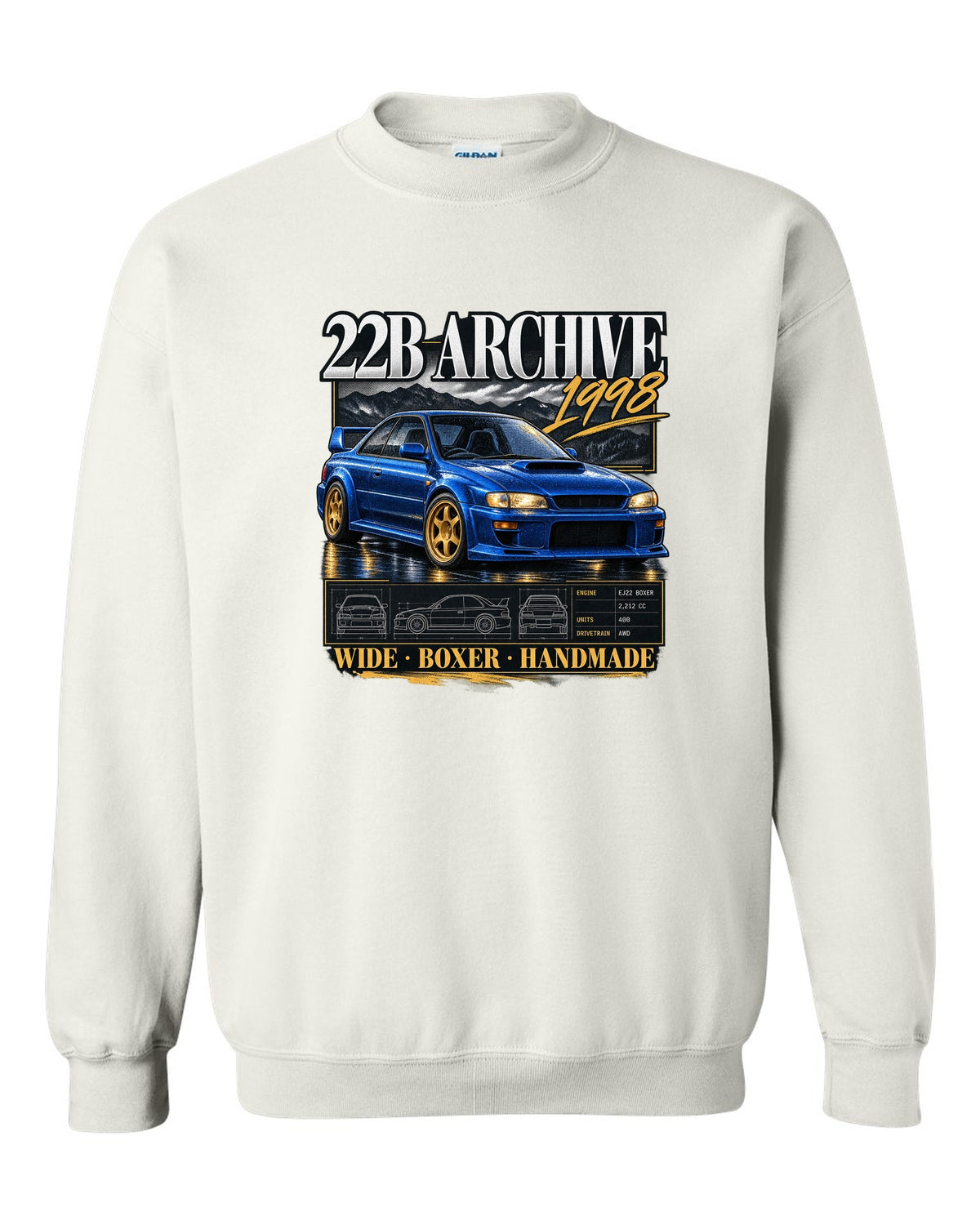 Archive panel print of a Subaru Impreza 22B STi GC8 with 400 built lettering white crewneck front view with the design