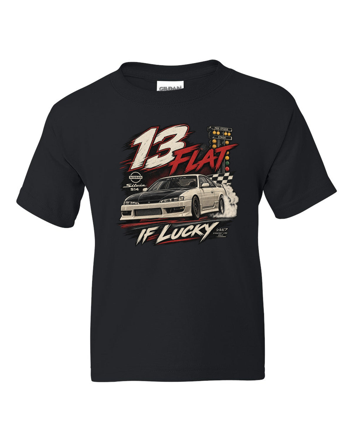 Vintage race poster print of a Nissan Silvia S14 with 13 flat if lucky text black kids tee front view with the design