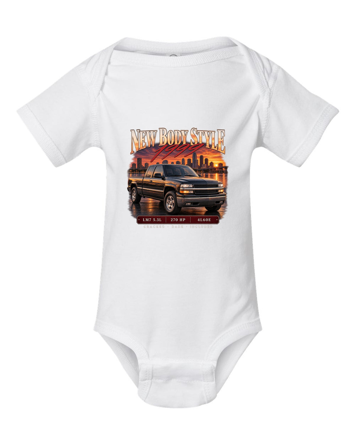 Archive panel print of a 1999-2006 Chevrolet Silverado GMT800 with LM7 5.3L text white baby onesie front view with the design