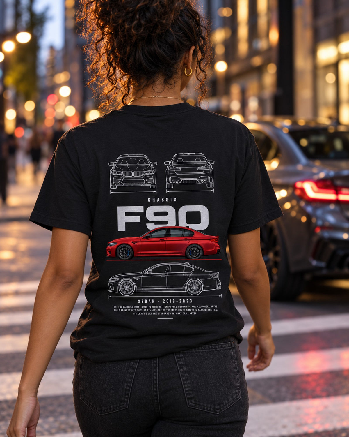 BMW F90 M5 sedan Blueprint Full-Back Graphic Tee, F90 Chassis Code T-Shirt Black worn hero