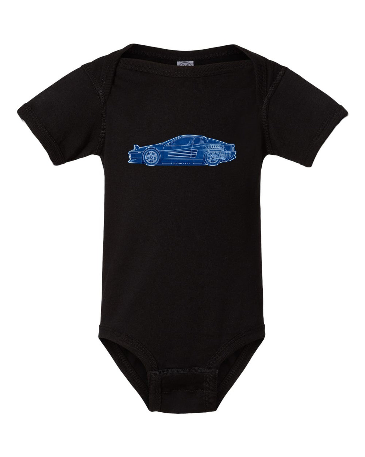 Cyanotype blueprint style print of the Ferrari Testarossa F110 with the text 48 valves, 4.9 L black baby onesie front view with the design