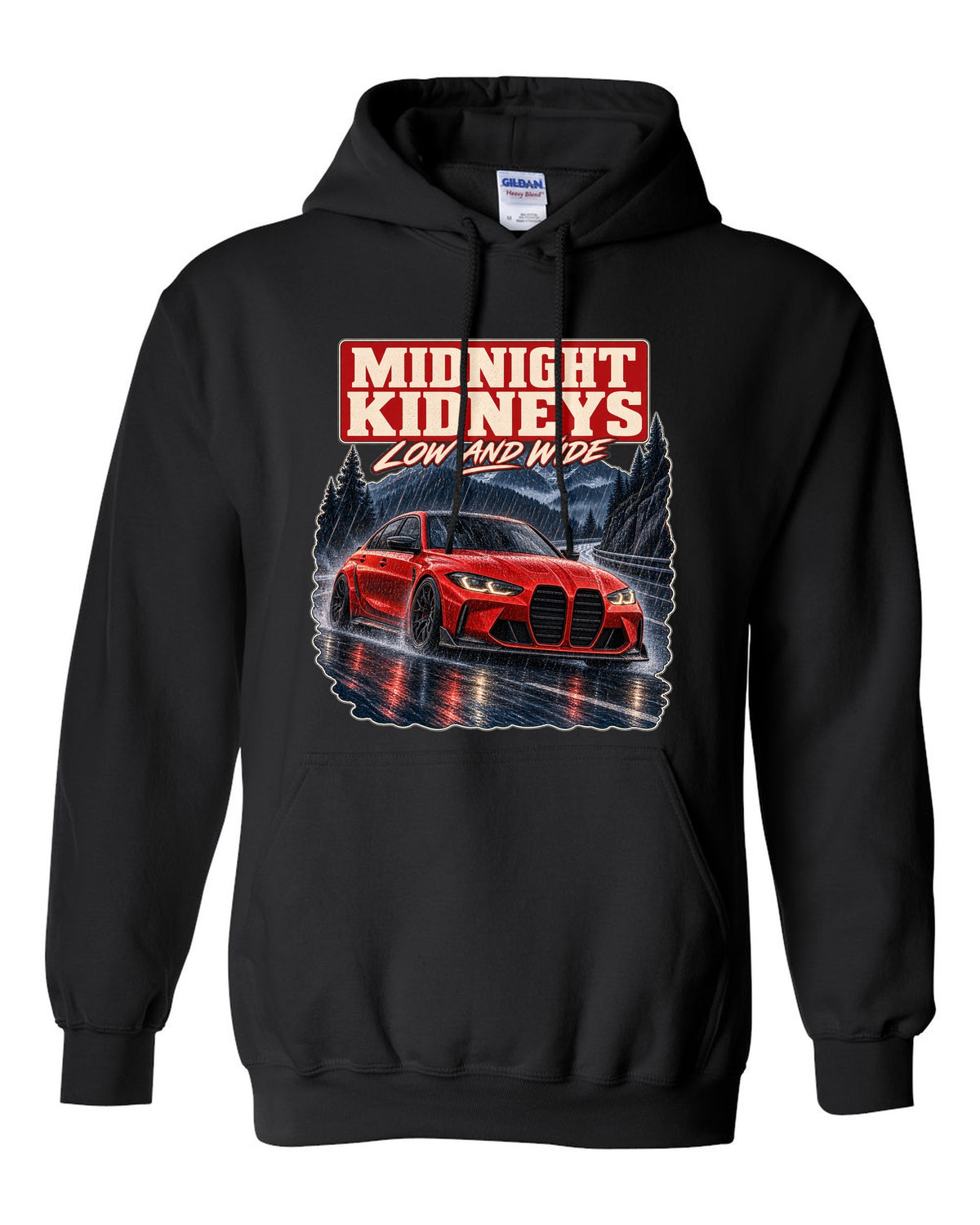 BMW M3 Competition G80 night street print with midnight kidneys text black pull over hoodie front view with the design
