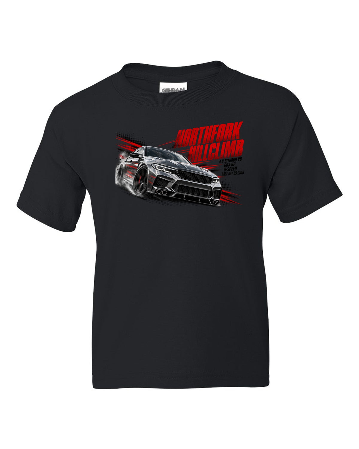 print race poster of a Mercedes W213 E63 S sedan for a hillclimb with text 4.0 Biturbo race day 09.2018 black kids tee front view with the design