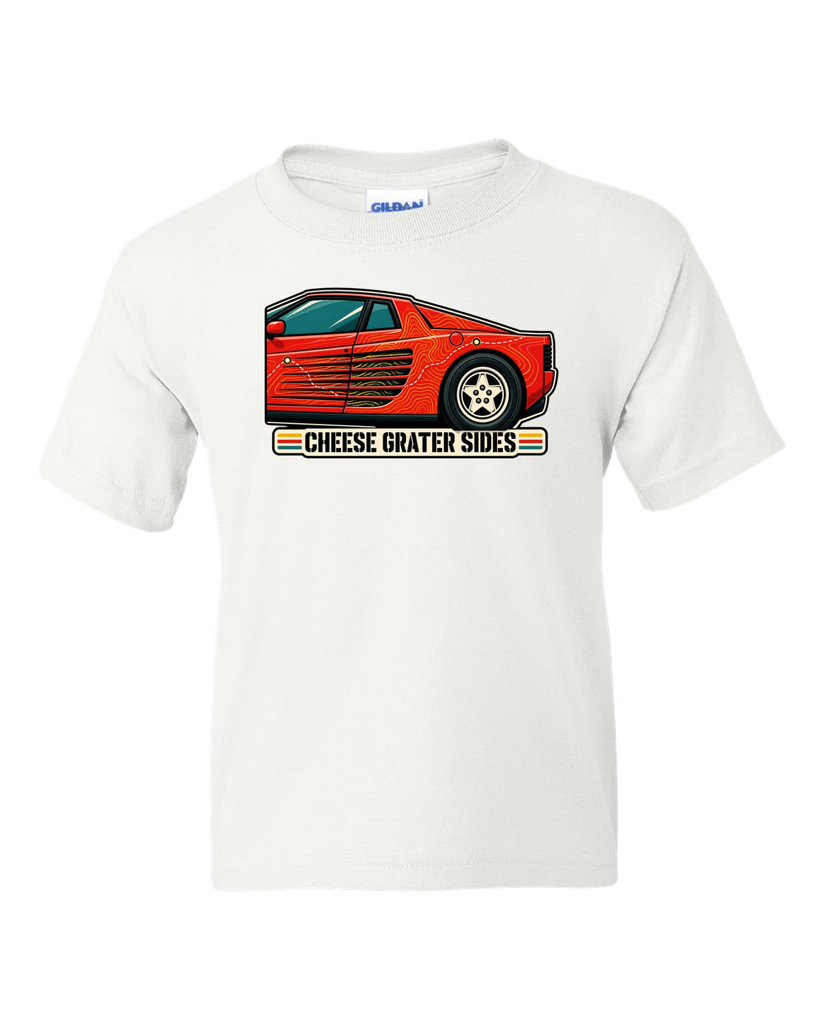 Topographic contour line print of the Ferrari Testarossa F110 with the text cheese grater sides white kids tee front view with the design