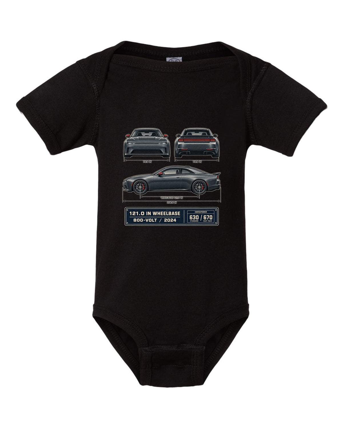 Dodge Charger Daytona Scat Pack 2024 dimension blueprint print black baby onesie front view with the design