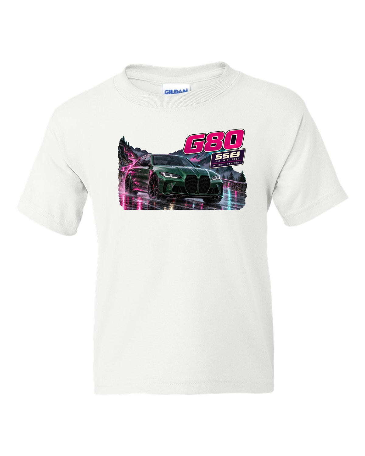 Touge night street print of an Isle of Man green BMW M3 Competition G80 white kids tee front view with the design