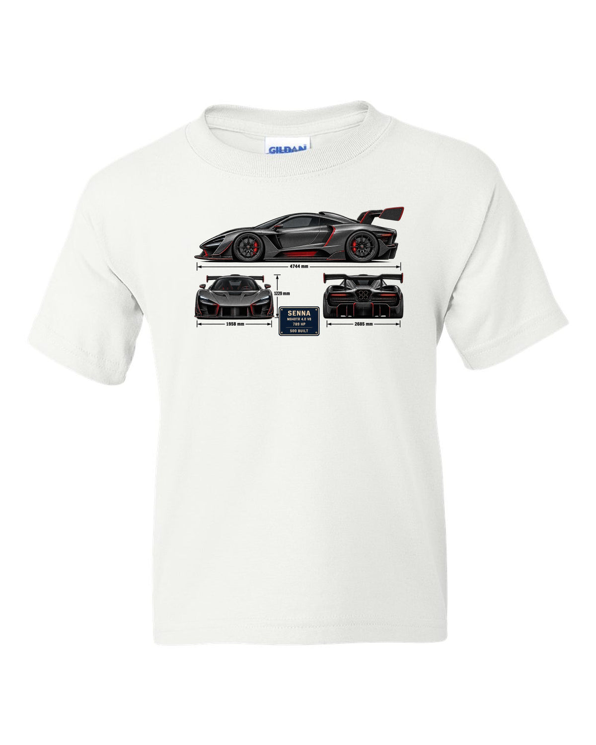 Three-view and spec table print of a McLaren Senna in graphite and red white kids tee front view with the design