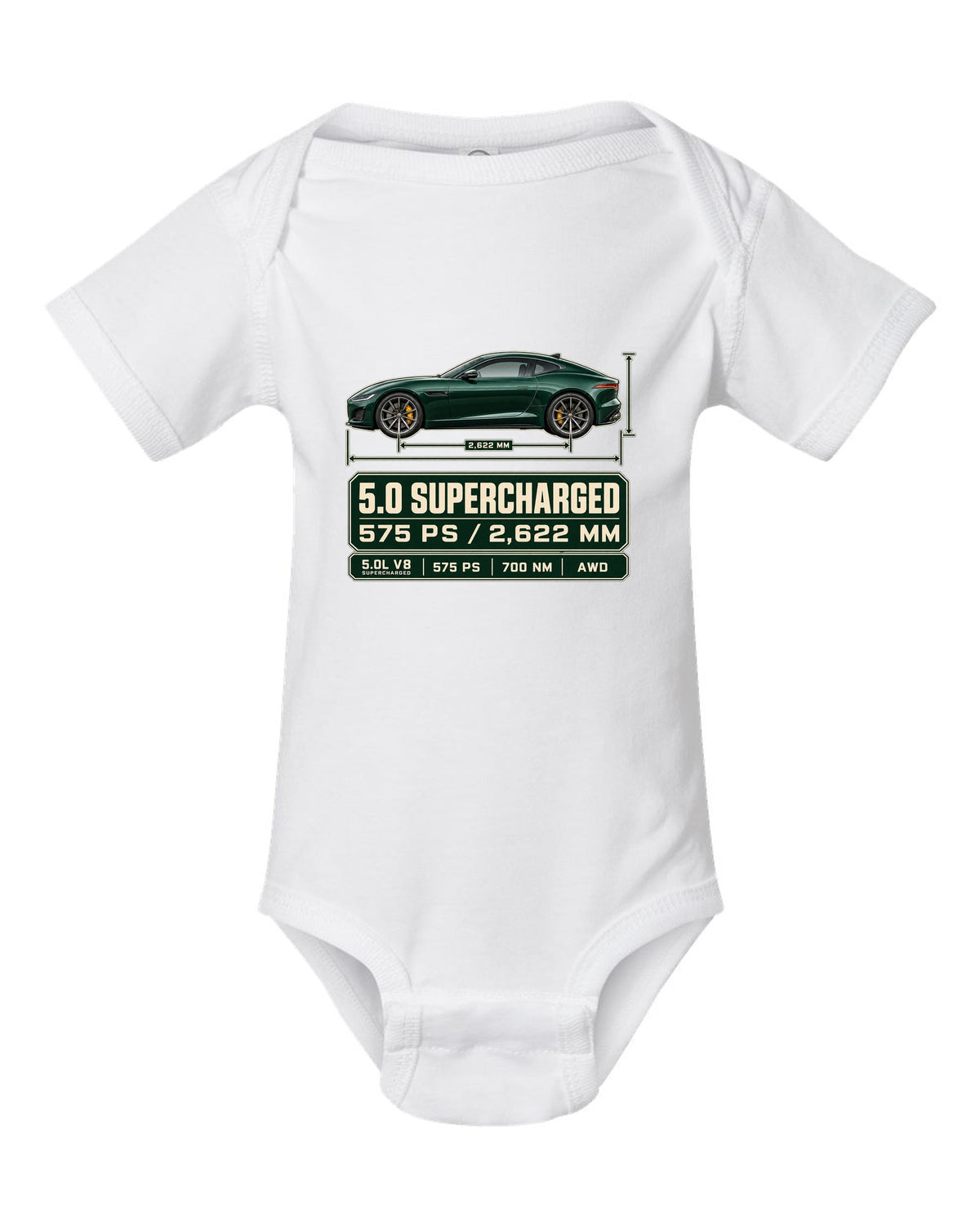 Spec poster print of the Jaguar F-Type R Coupe with 5.0 supercharged and 575 PS text white baby onesie front view with the design