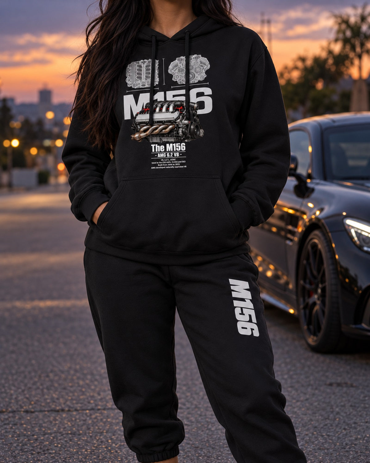 Mercedes M156 Engine Hoodie + Jogger Set Black worn hero