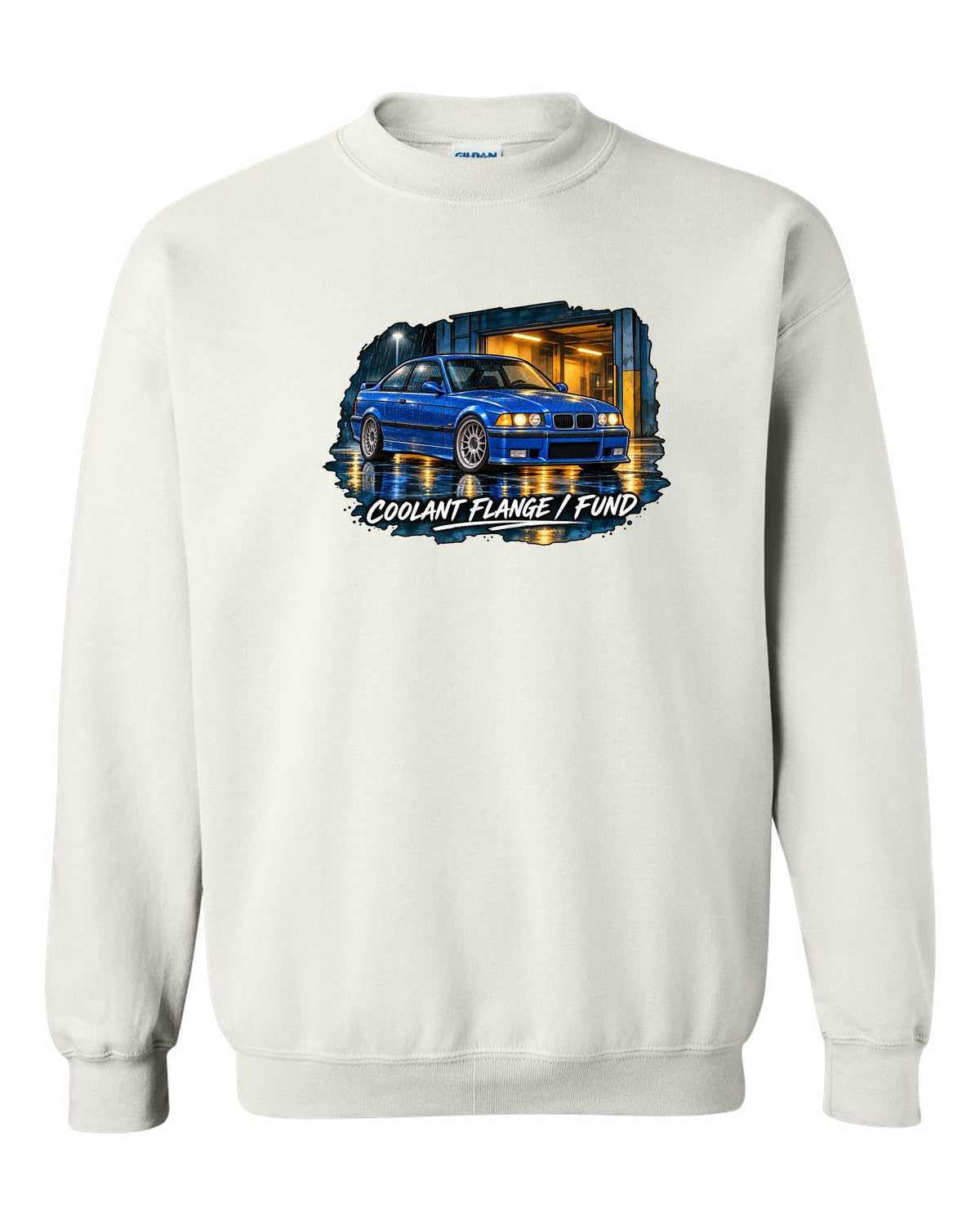 Comic halftone pop-art burnout of a BMW E36 M3 coupe with rear tyres subscription text white crewneck front view with the design