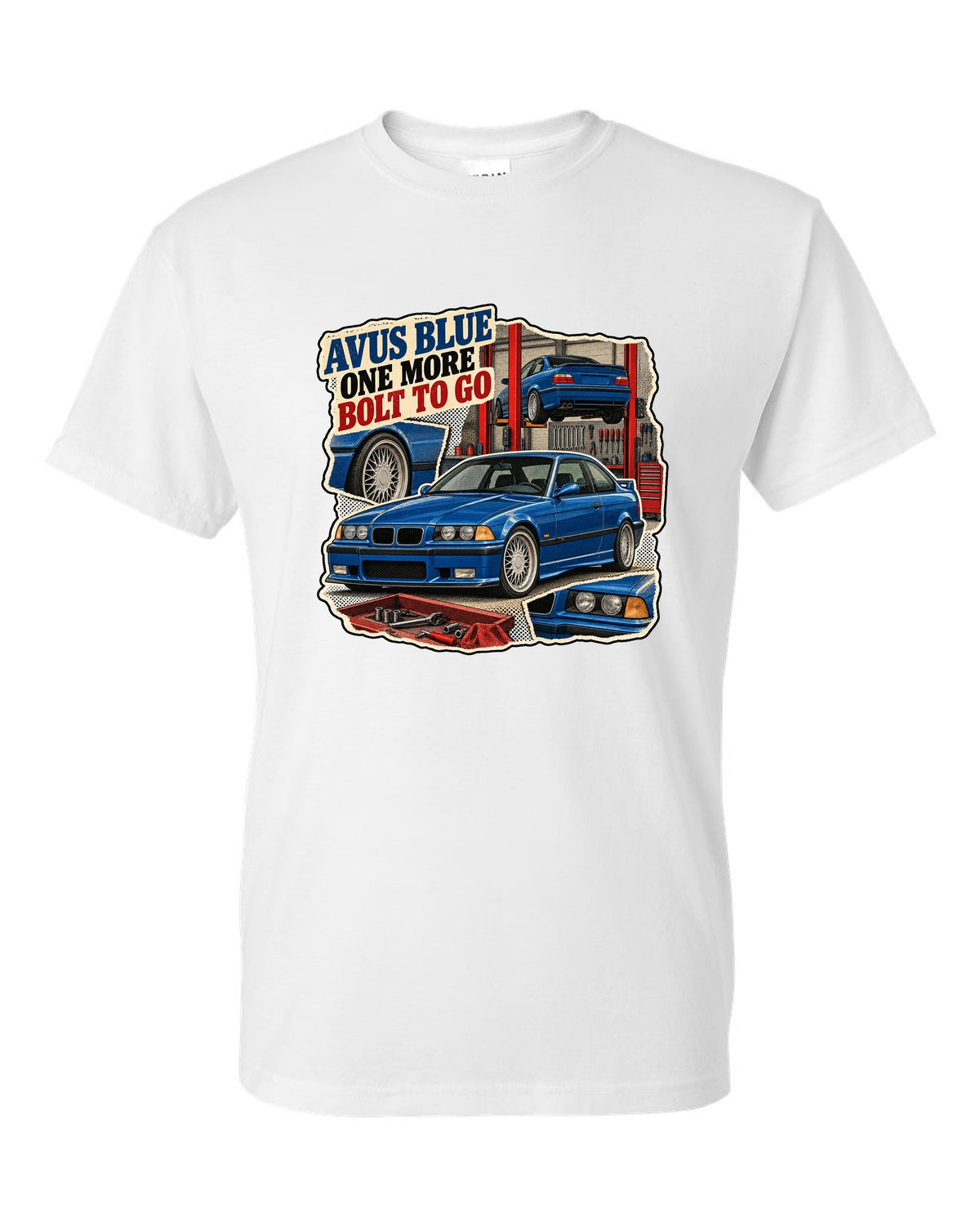 Vintage magazine ad collage print of an Avus Blue BMW E36 M3 with one more bolt to go text white t-shirt front view with the design