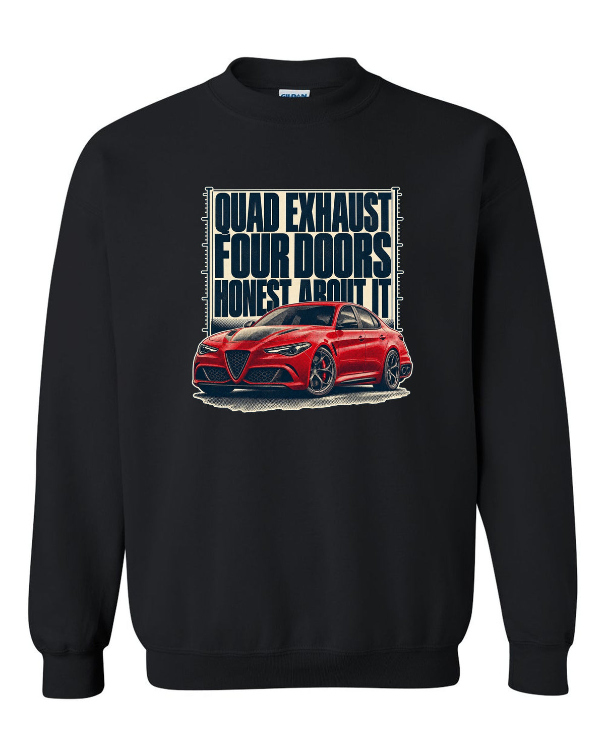 Alfa Romeo Giulia Quadrifoglio halftone statement print black crewneck front view with the design