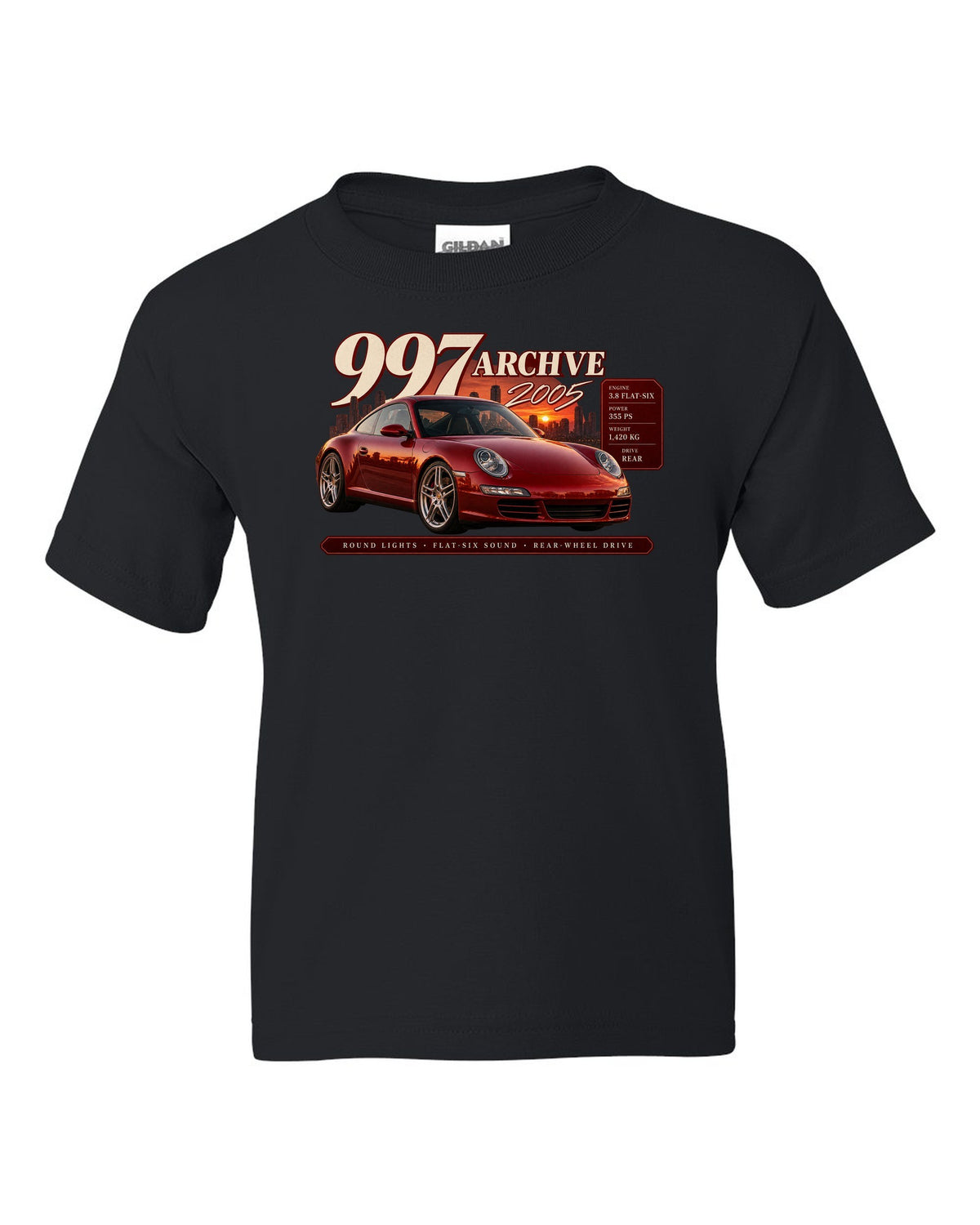 Archive panel print of a deep red Porsche 911 Carrera S 997.1 with 3.8 flat-six spec lines black kids tee front view with the design