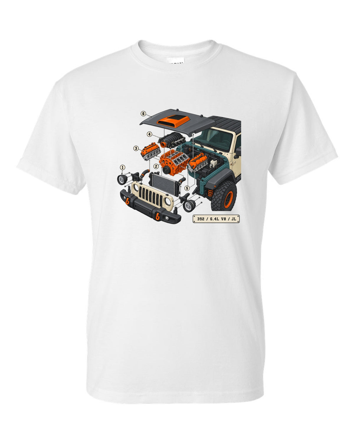 Jeep Wrangler JL Rubicon 392 6.4L V8 isometric exploded engine diagram with callouts white t-shirt front view with the design