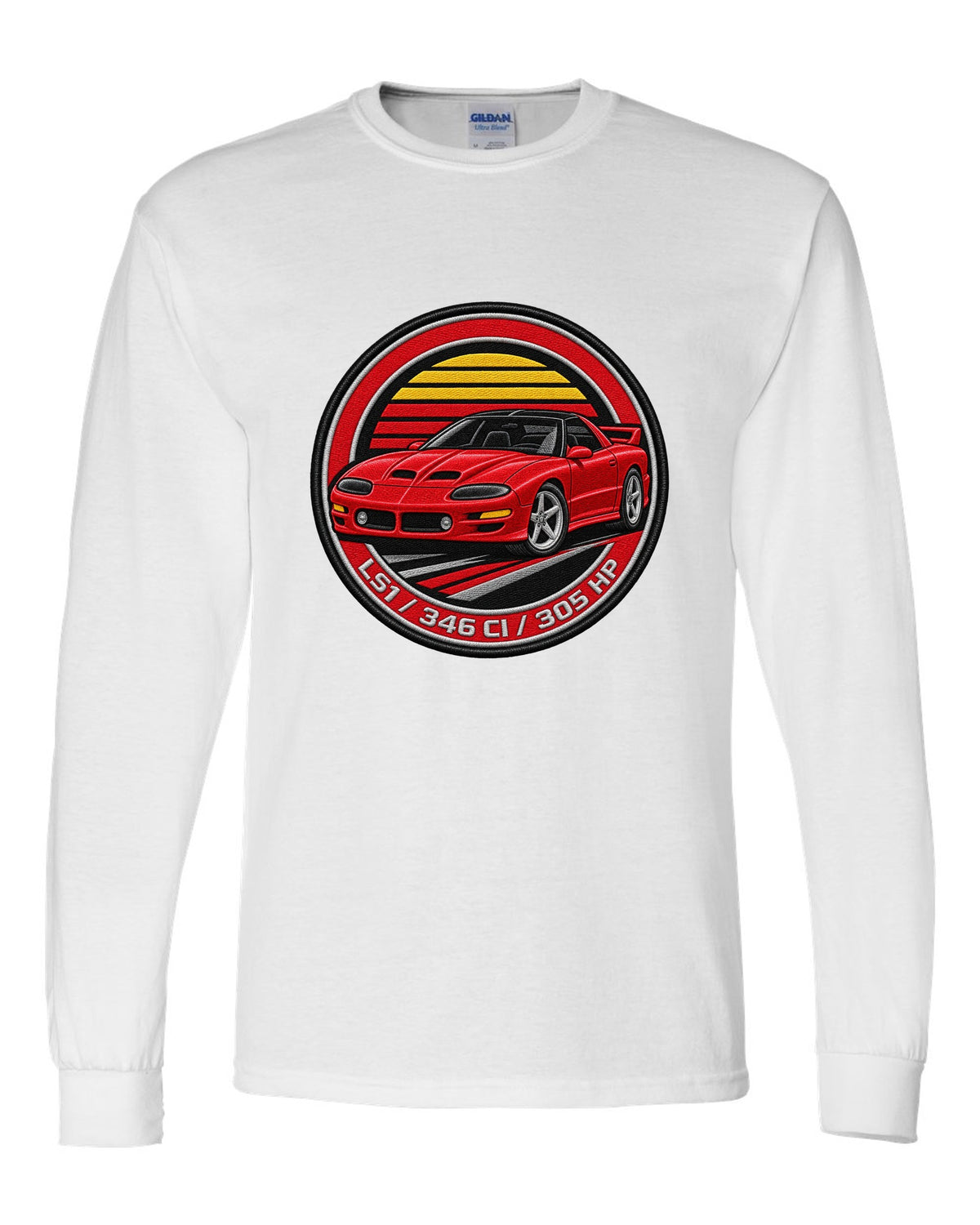 1998 Camaro SS fourth-generation in an embroidery round crest with text LS1 346 CI 305 HP white long sleeve front view with the design