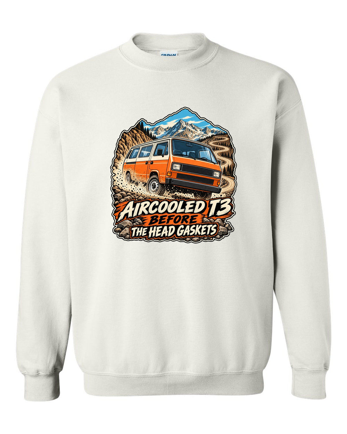 Vintage race poster style VW Vanagon T3 on a dusty pass with aircooled T3 before the head gaskets text white crewneck front view with the design