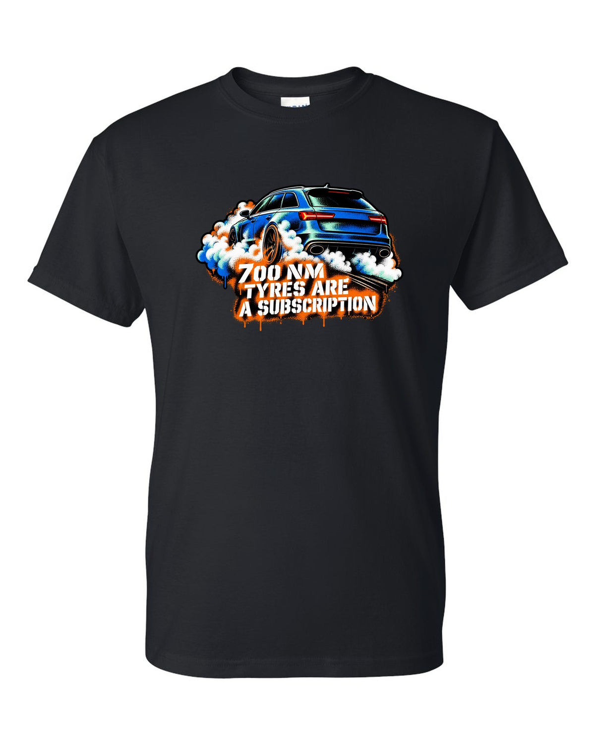 Stencil spray street art design of the Audi RS6 Avant C7 4G with 700 Nm and tyres are a subscription lettering black t-shirt front view with the design