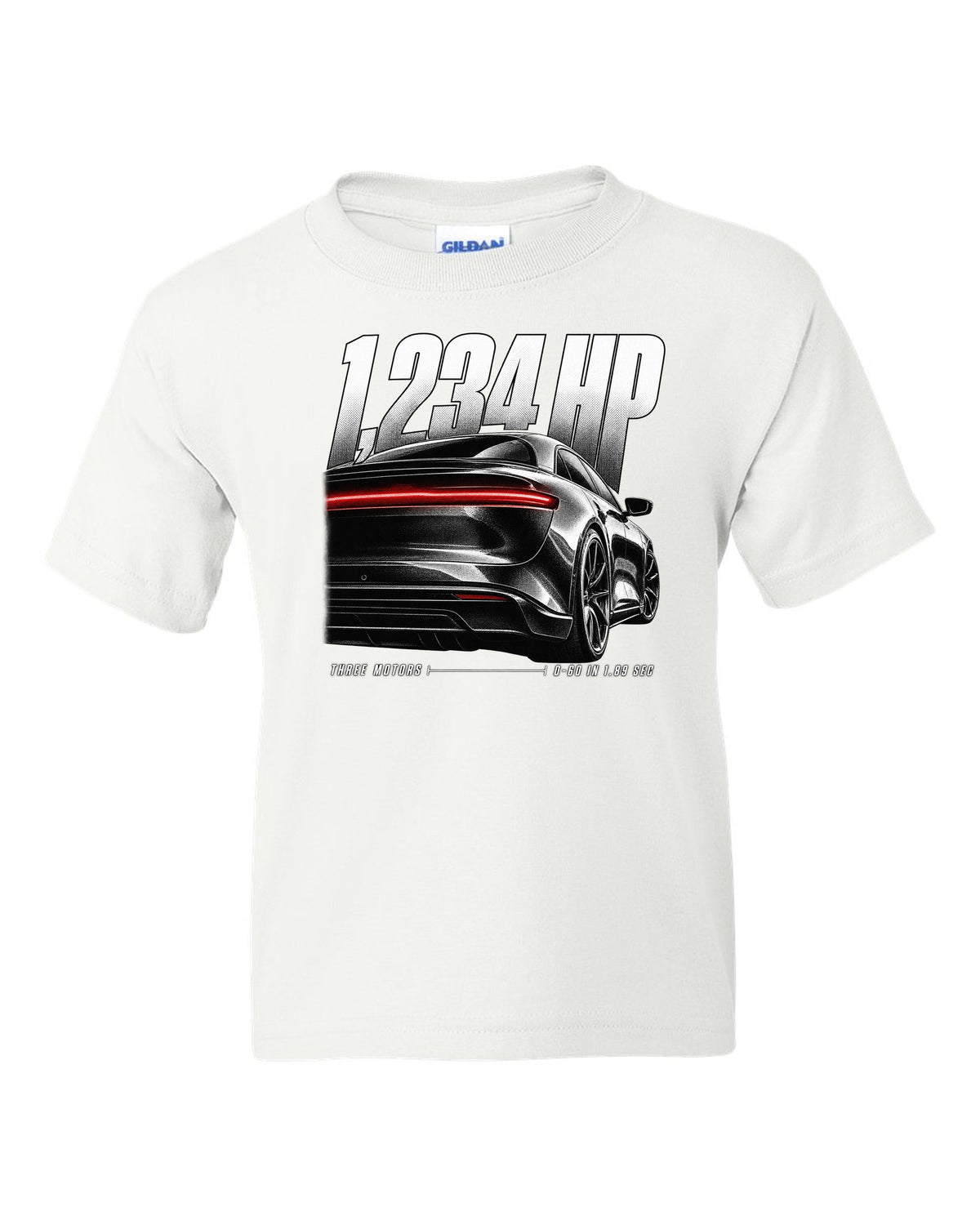 Rear detail macro of Lucid Air Sapphire 2023 with light slit and performance figures white kids tee front view with the design