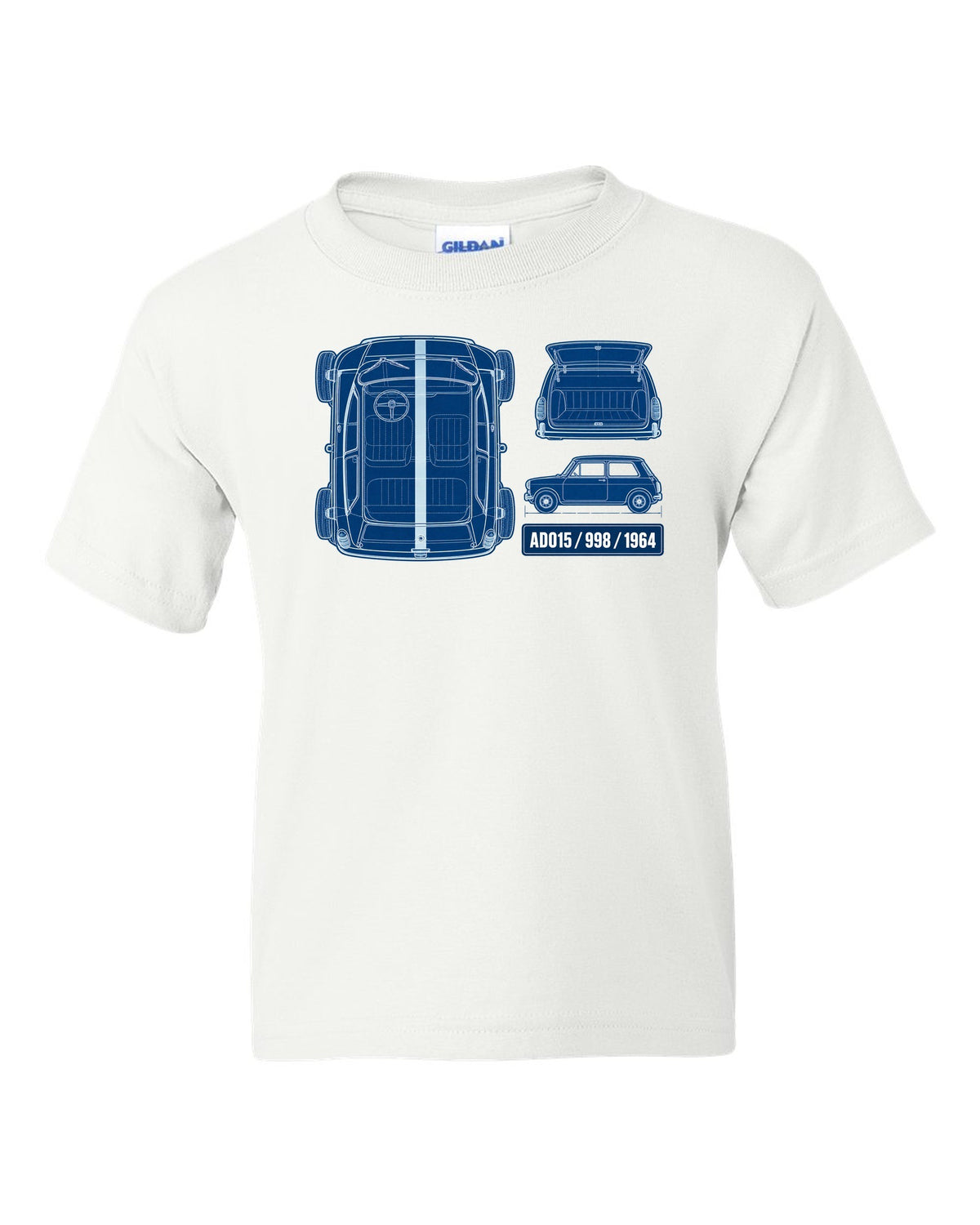 1964 Mini Cooper Mk I ADO15 in a white-on-blue cyanotype blueprint style white kids tee front view with the design