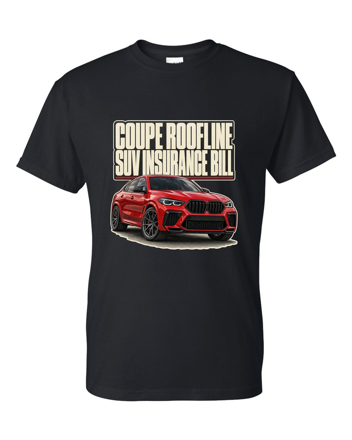 BMW X6 M Competition F96 editorial headline print on a tee black t-shirt front view with the design