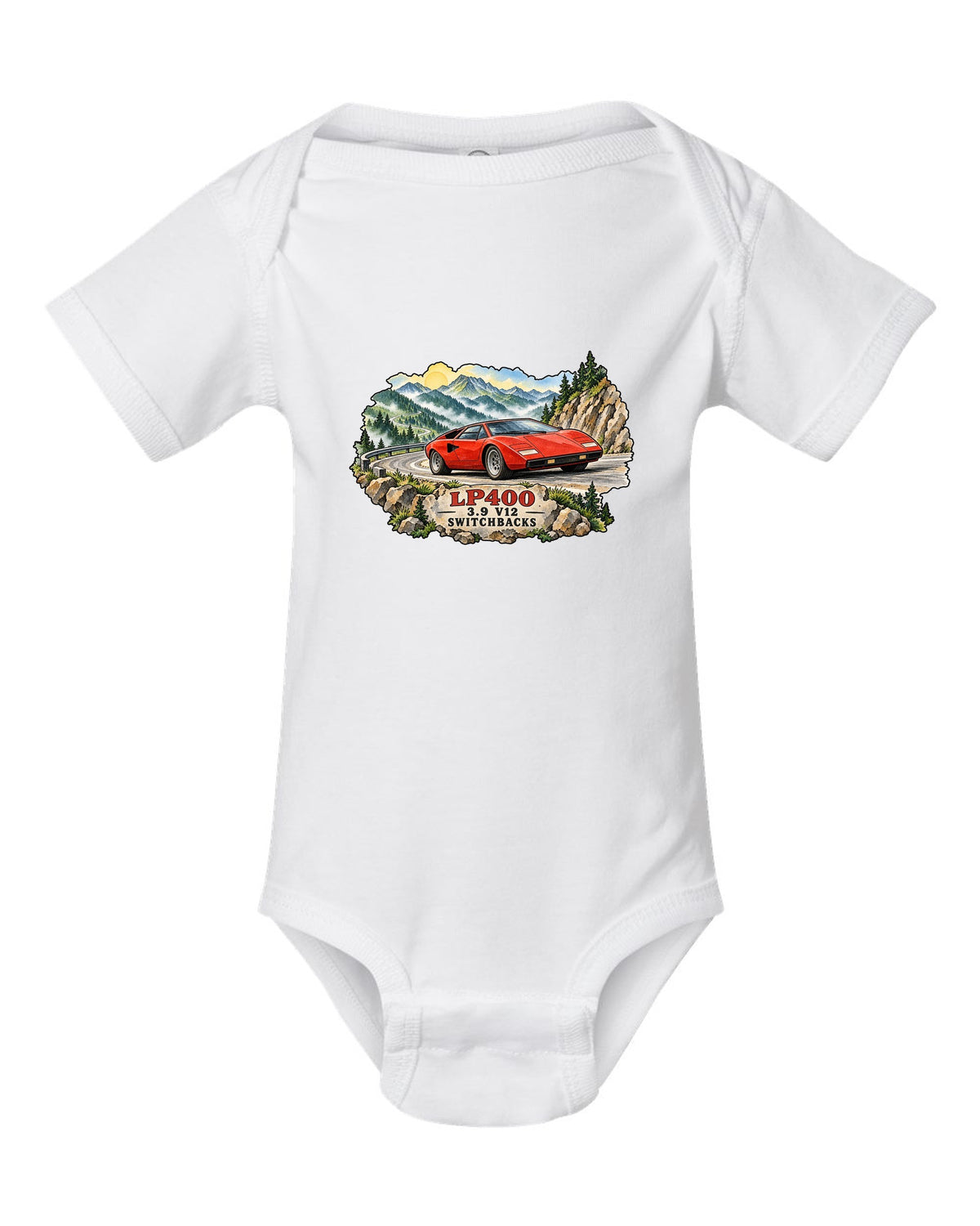 Watercolour ink wash design of a Lamborghini Countach LP400 on mountain switchbacks white baby onesie front view with the design