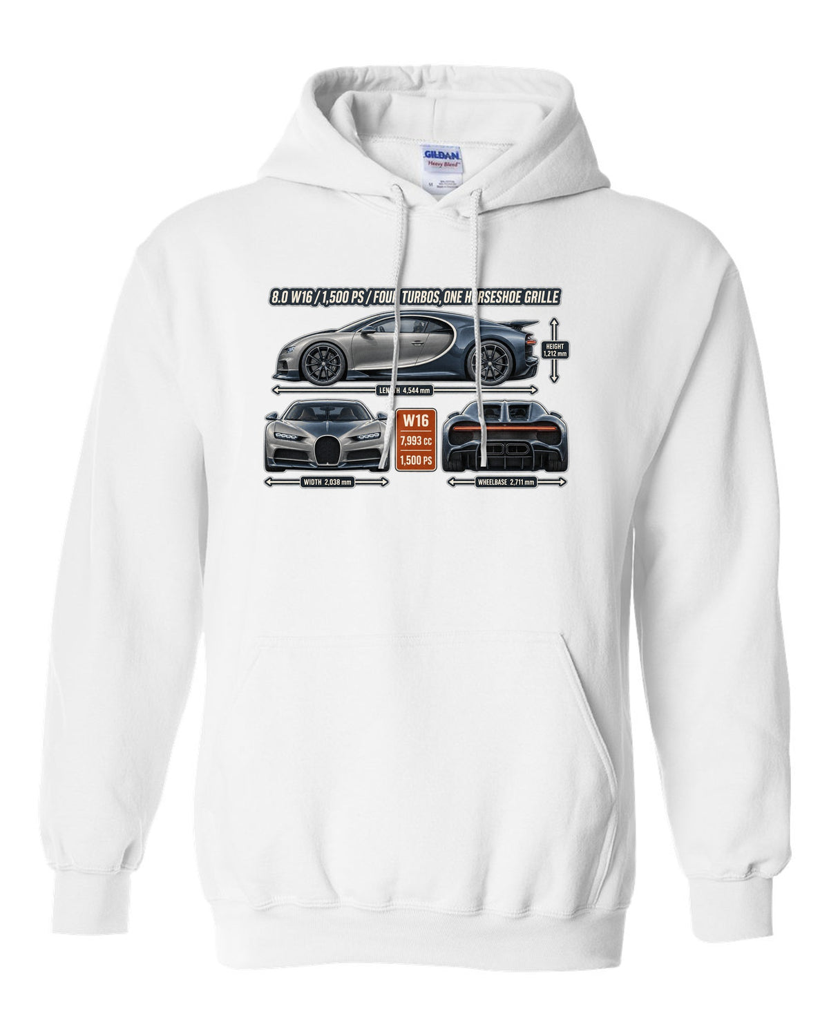 print three-view drawing with spec table of a Bugatti Chiron in slate blue white pull over hoodie front view with the design