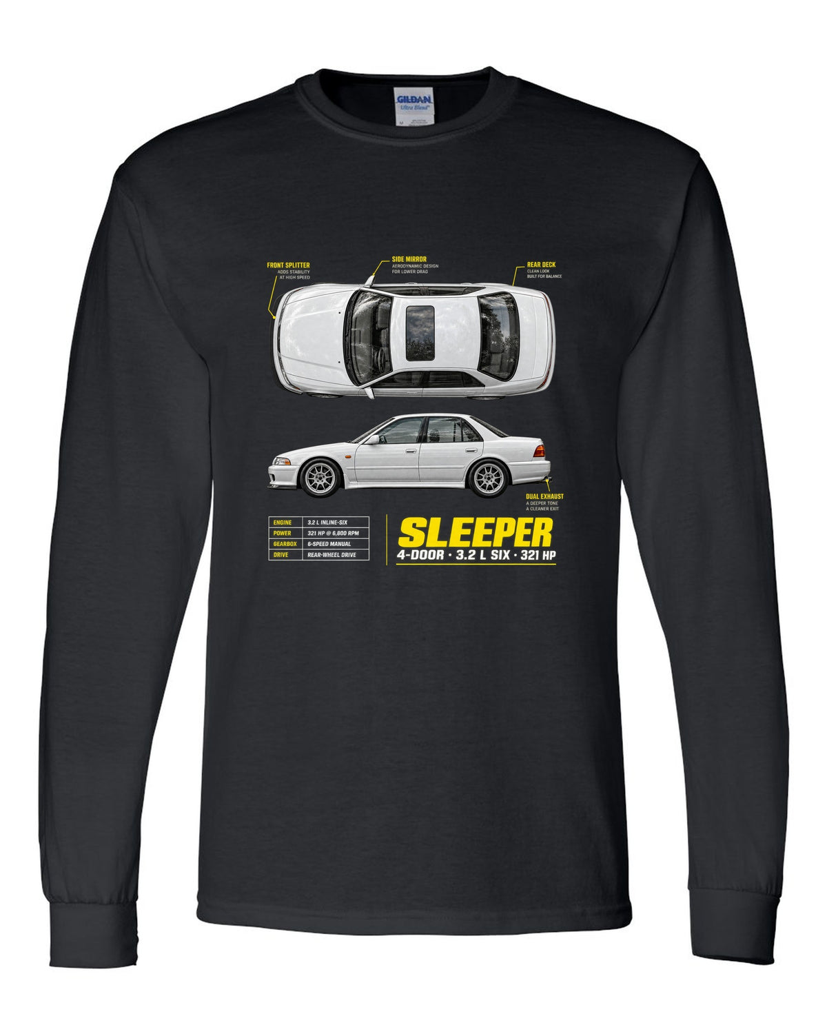 BMW E36 M3 sedan spec poster print with sleeper 4-door 3.2 L six and 321 HP text black long sleeve front view with the design