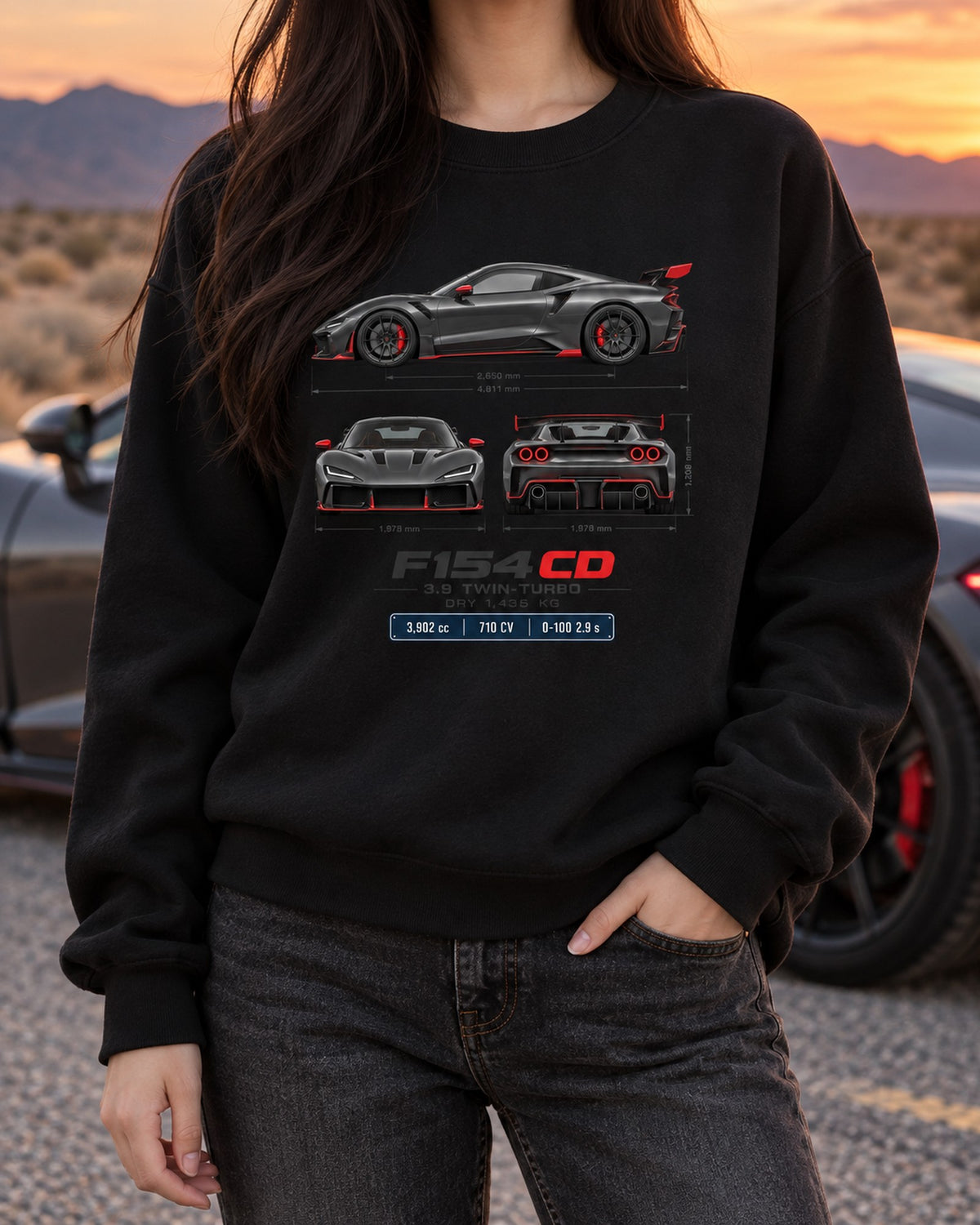 Ferrari F8 Tributo F154 CD Three-View Spec Shirt Crewneck Black worn hero