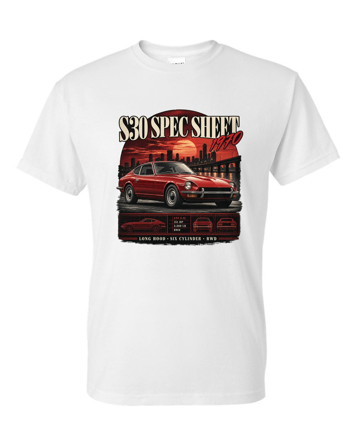 Archive panel spec sheet print of a Datsun 240Z S30 with L24 2.4L 151 HP text white t-shirt front view with the design