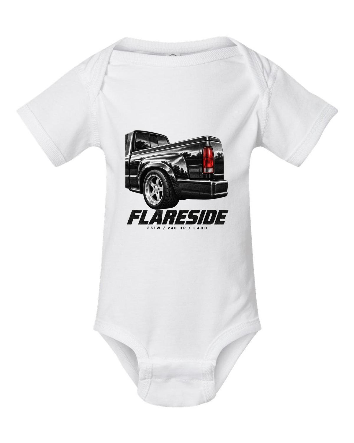 Ford F-150 SVT Lightning 1993-95 flareside taillight macro print with 351W and 240 HP white baby onesie front view with the design