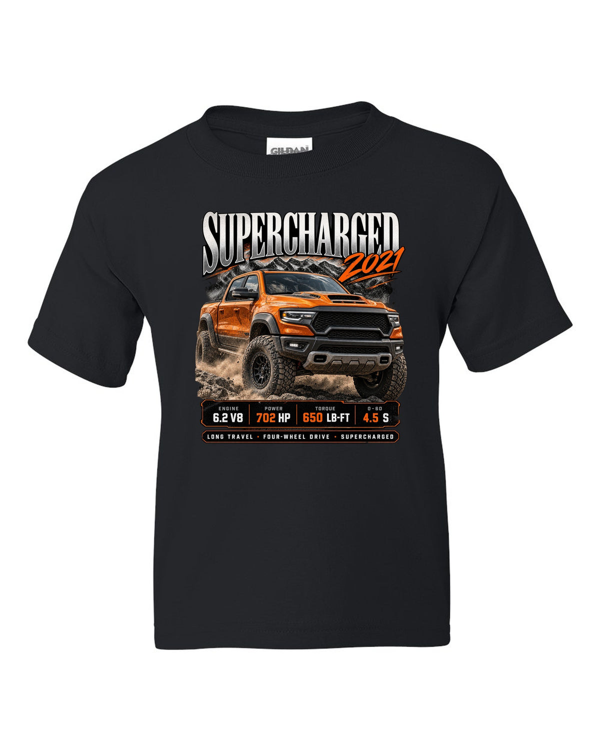 Archive panel of a 2021 Ram 1500 TRX with 702 HP and 650 lb-ft supercharged black kids tee front view with the design