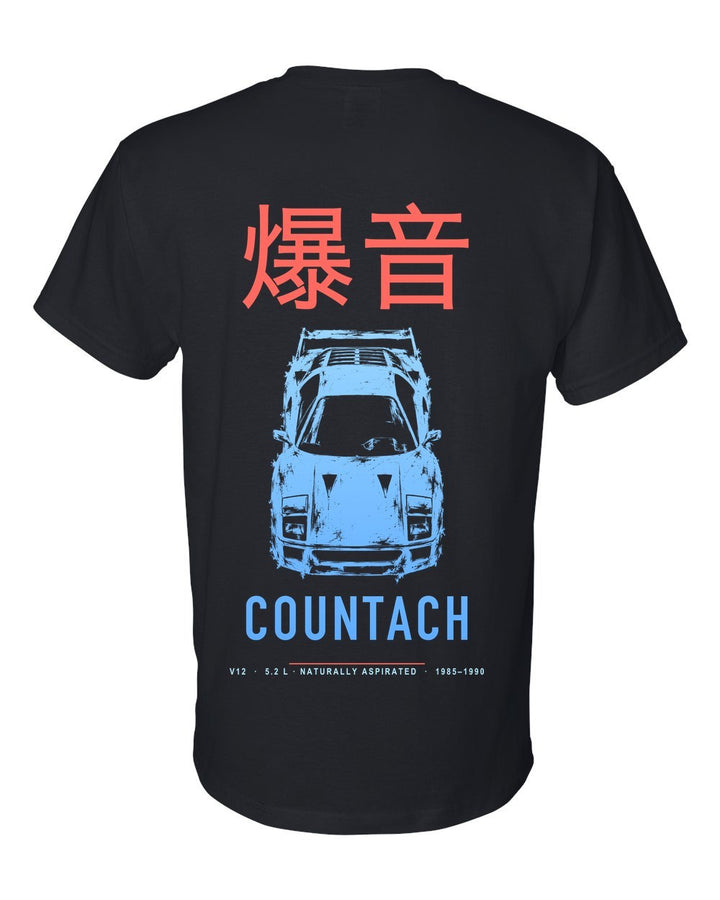 COUNTACH full-back artwork black t-shirt back view with the design
