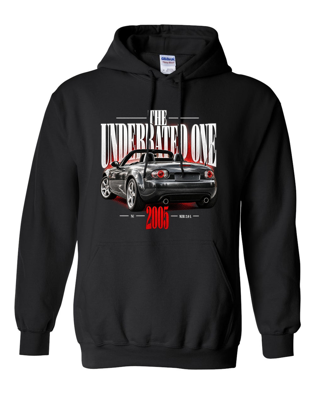 Editorial headline print of a Mazda MX-5 NC with underrated generation lettering black pull over hoodie front view with the design