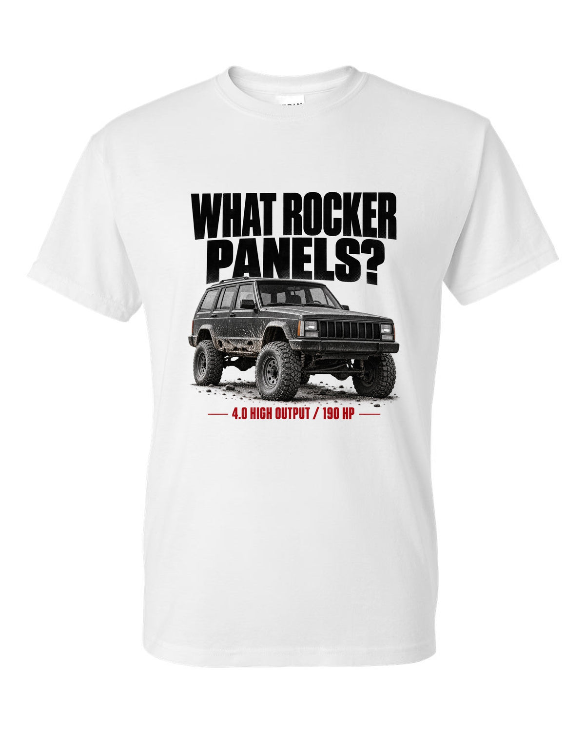 Jeep Cherokee XJ halftone print with 4.0 High Output 190 HP text white t-shirt front view with the design