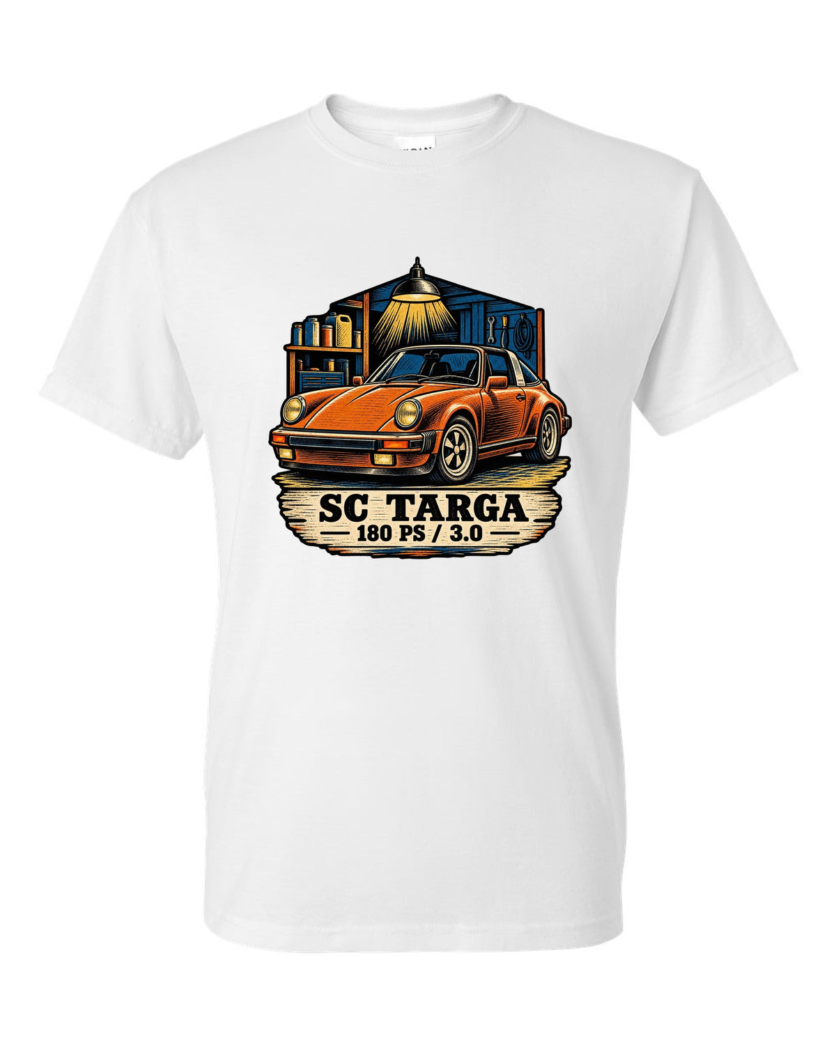Blueprint line art print of a Porsche 356 A 1.6 L flat-four engine with the text 1600, 60 HP and fan on top white t-shirt front view with the design