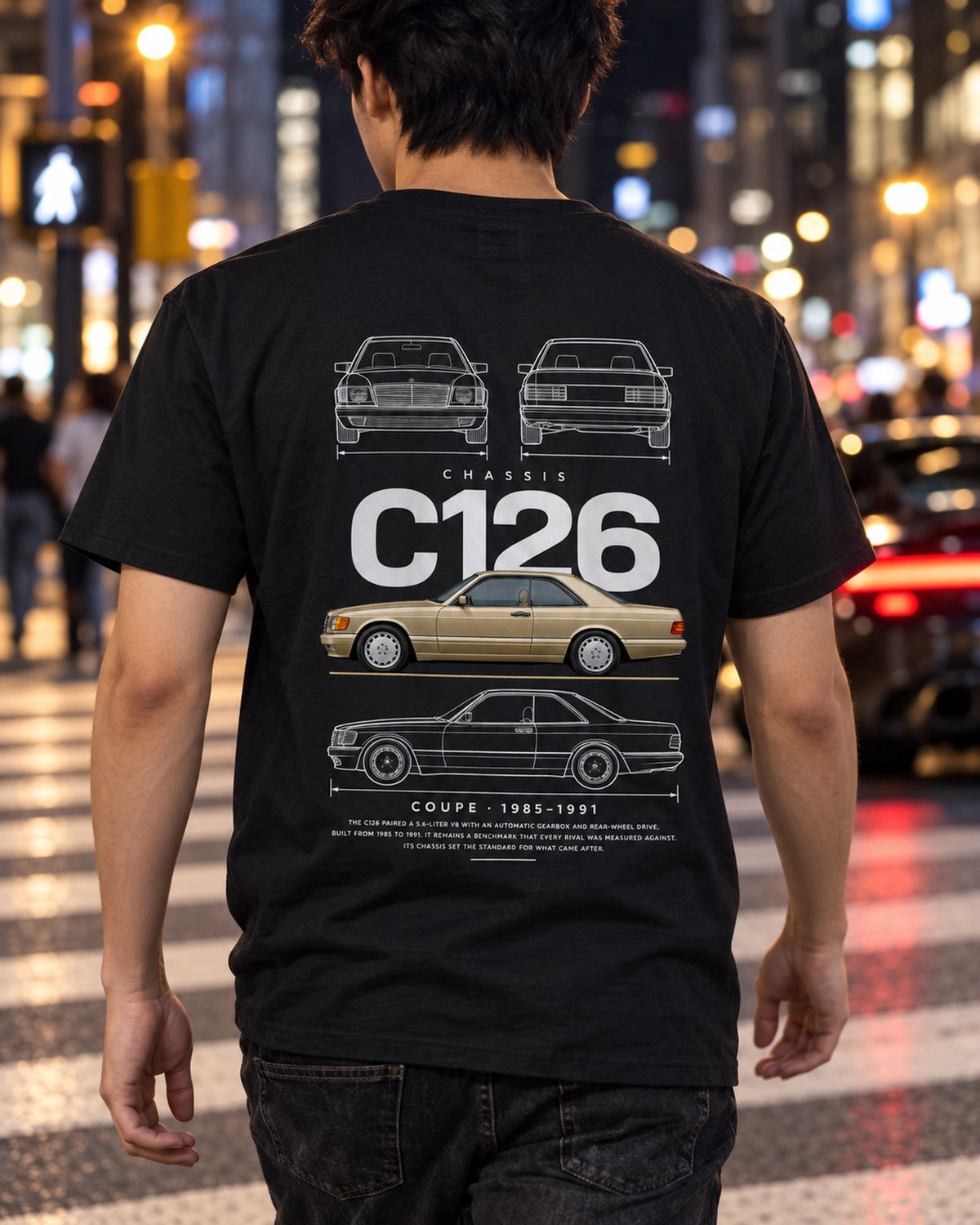 Mercedes C126 560 SEC coupe Blueprint Full-Back Graphic Tee, C126 Chassis Code T-Shirt Black worn hero