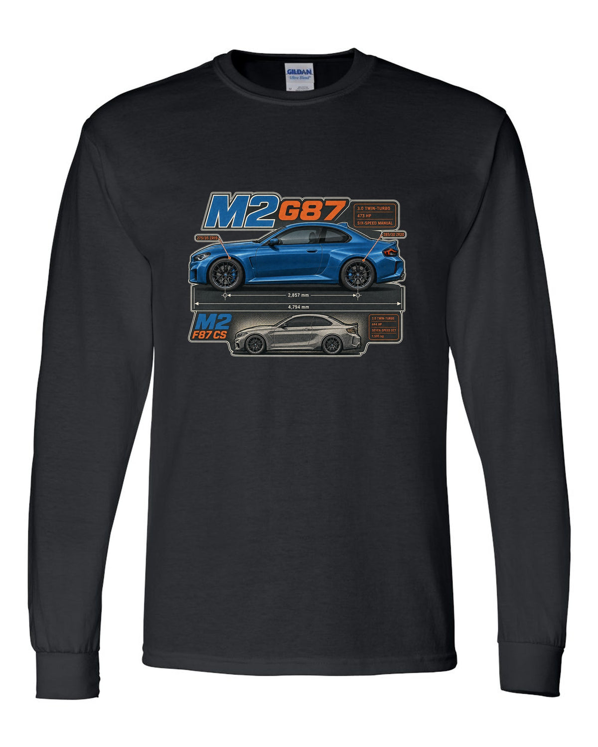 BMW M4 G82 coupe dimension blueprint print with 473 hp and six-speed manual black long sleeve front view with the design