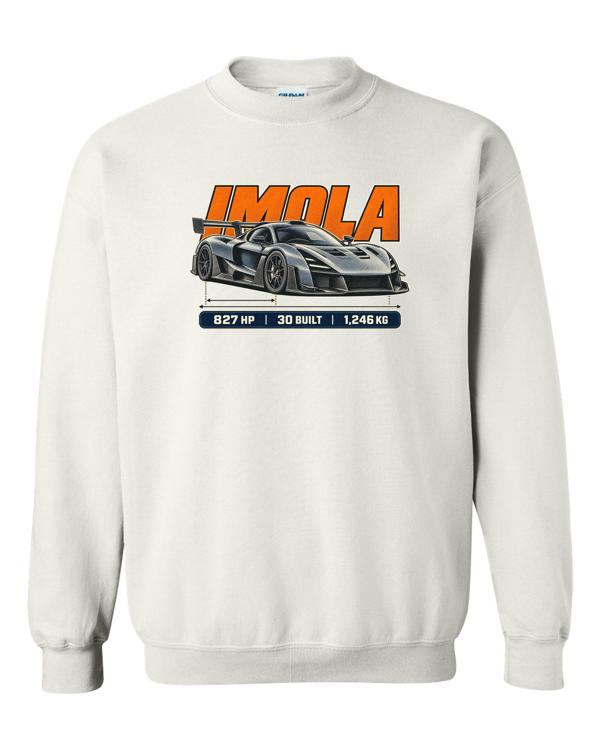 Halftone print of the Pagani Huayra Imola with the text Imola, 827 hp, 30 built, 1,246 kg white crewneck front view with the design