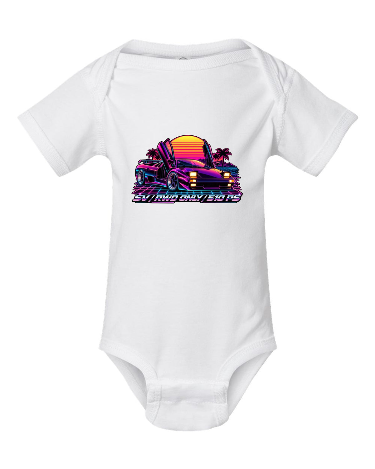 Synthwave outrun style Lamborghini Diablo SV with RWD only and 510 PS lettering white baby onesie front view with the design