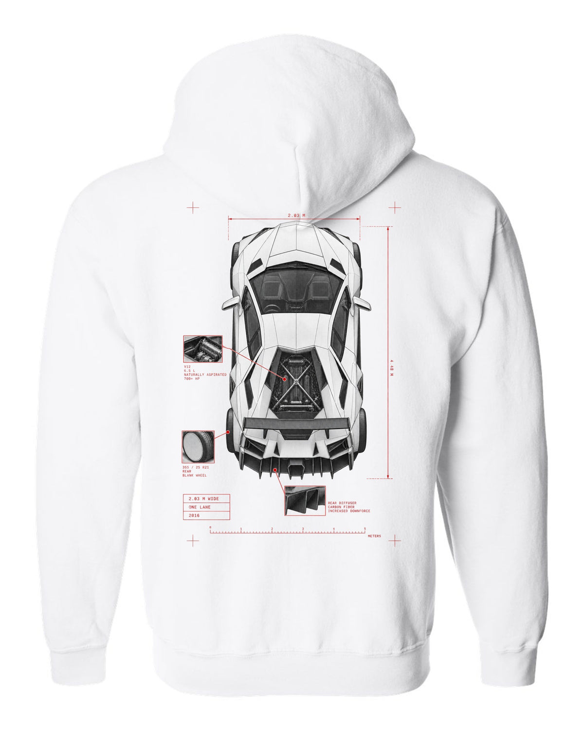 Lamborghini Aventador S LP740-4 spec poster print reading 2.03 M wide, one lane, 2016 white zip hoodie back view with the design