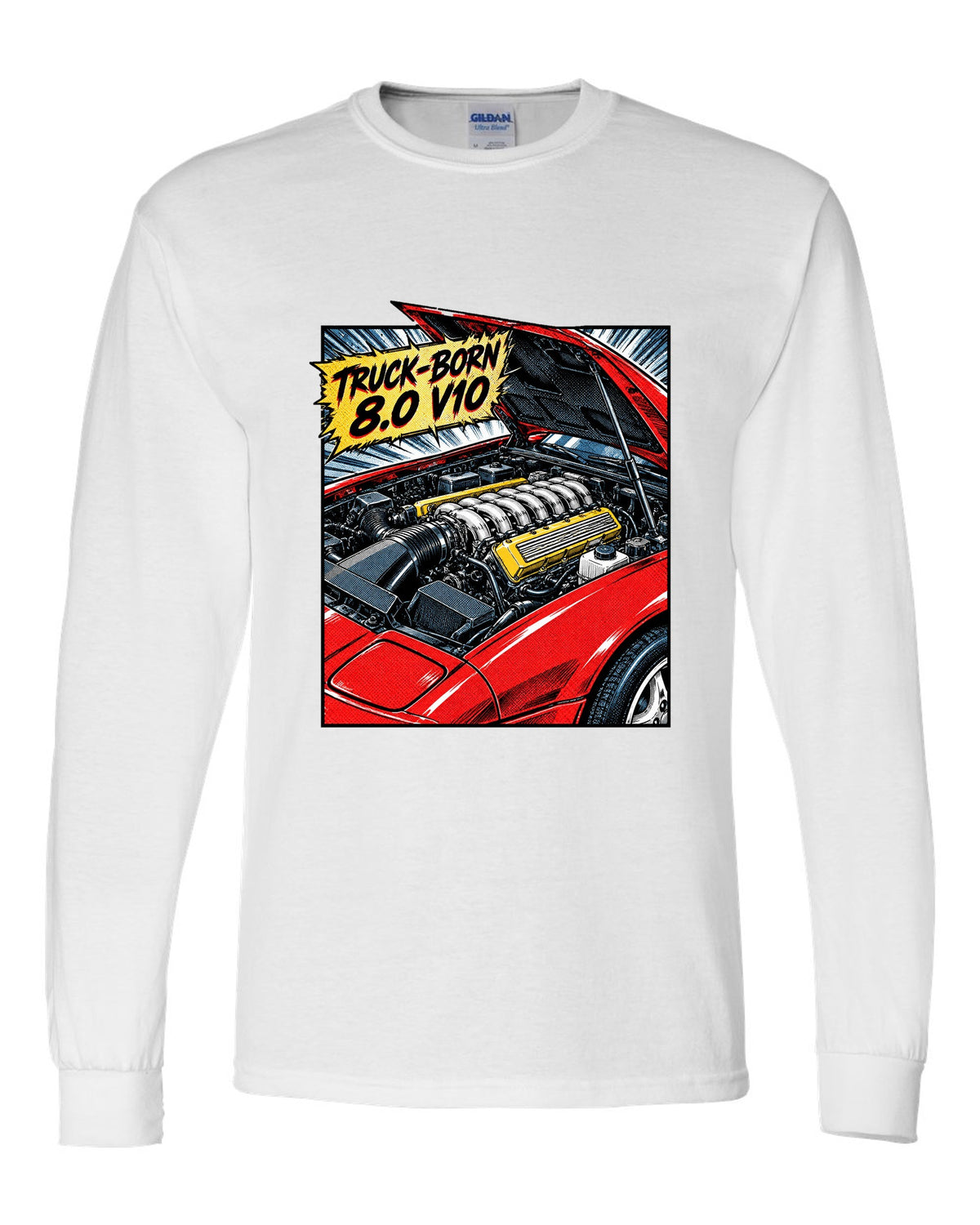 Retro manga halftone panel of a 1993 Dodge Viper RT/10 SR I with 8.0 V10 caption white long sleeve front view with the design